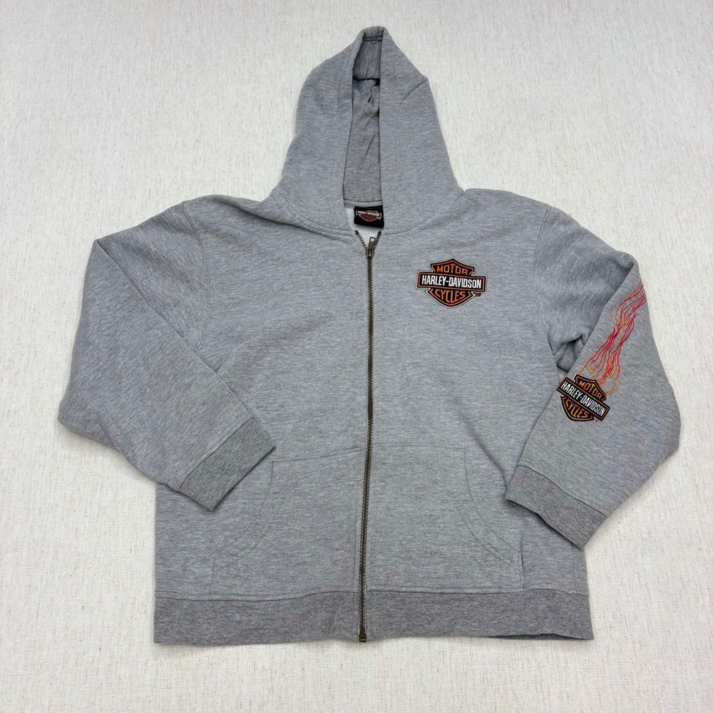 Harley-Davidson Boys Gray Full Zip Hoodie Flame Sleeve Y2K Sweatshirt Size M